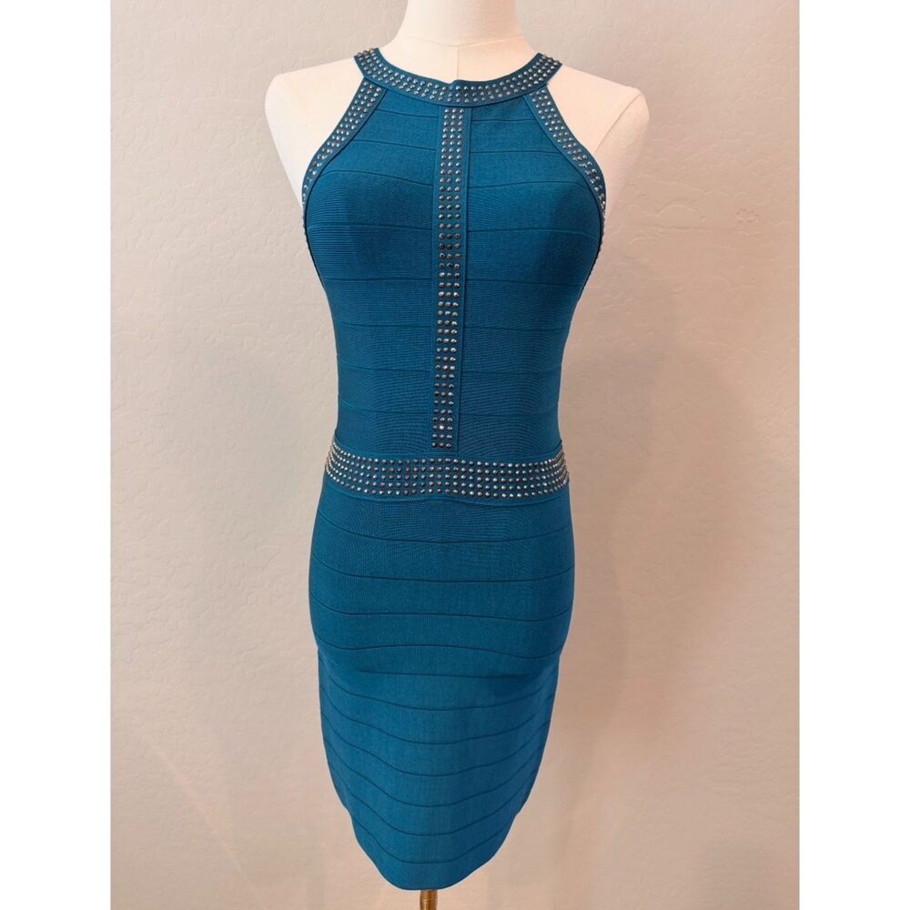bebe Teal Studded Bandage Halter Mini Dress Size S/P